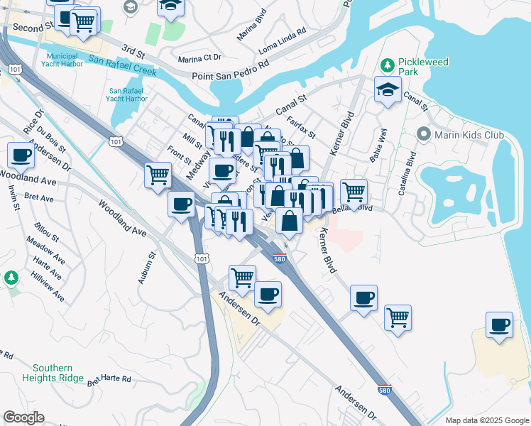 map of restaurants, bars, coffee shops, grocery stores, and more near 109 Verdi Street in San Rafael