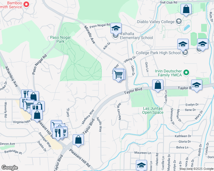 map of restaurants, bars, coffee shops, grocery stores, and more near 136 Wiggins Court in Pleasant Hill