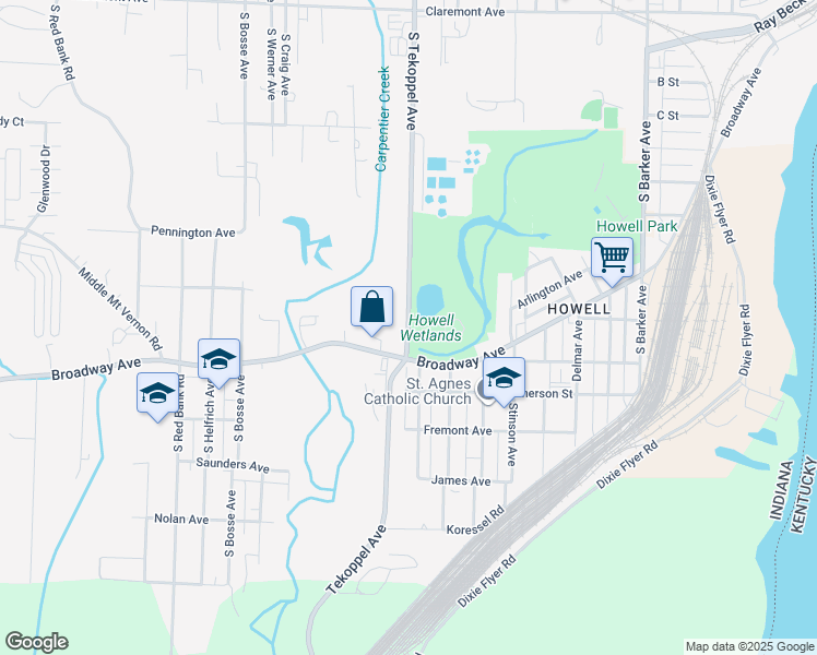 map of restaurants, bars, coffee shops, grocery stores, and more near 1400 South Tekoppel Avenue in Evansville