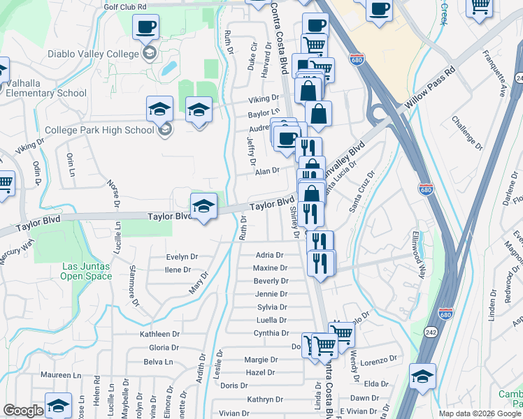 map of restaurants, bars, coffee shops, grocery stores, and more near 143 Diablo Court in Pleasant Hill