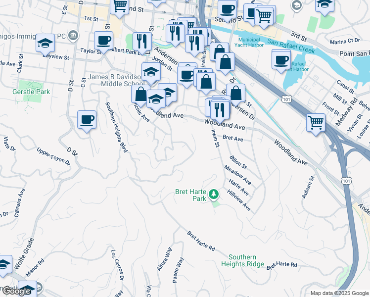 map of restaurants, bars, coffee shops, grocery stores, and more near 25 La Loma Court in San Rafael
