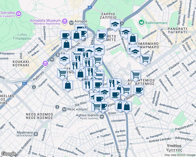 map of restaurants, bars, coffee shops, grocery stores, and more near in Athina