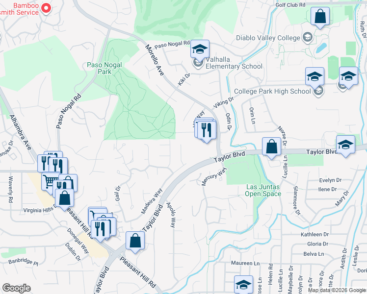 map of restaurants, bars, coffee shops, grocery stores, and more near 136 Wiggins Court in Pleasant Hill