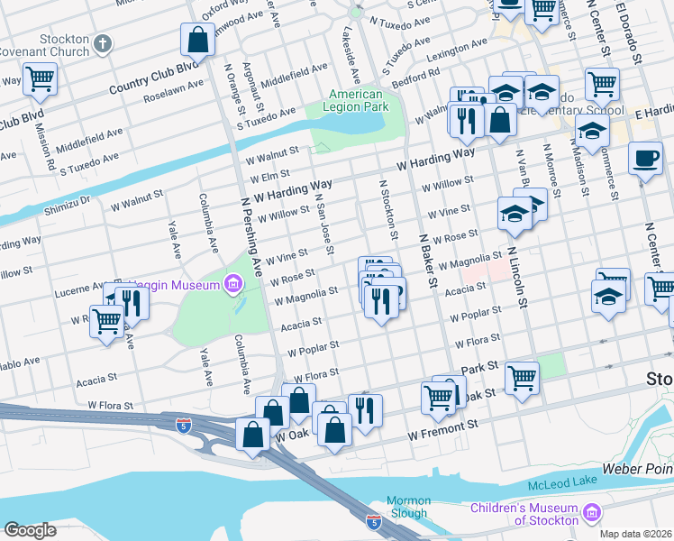 map of restaurants, bars, coffee shops, grocery stores, and more near 1116 West Rose Street in Stockton
