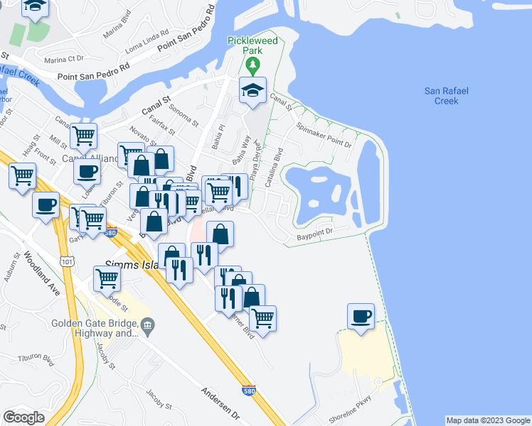 map of restaurants, bars, coffee shops, grocery stores, and more near 116 Dowitcher Way in San Rafael