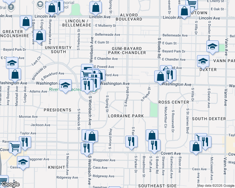 map of restaurants, bars, coffee shops, grocery stores, and more near 2116 Adams Avenue in Evansville