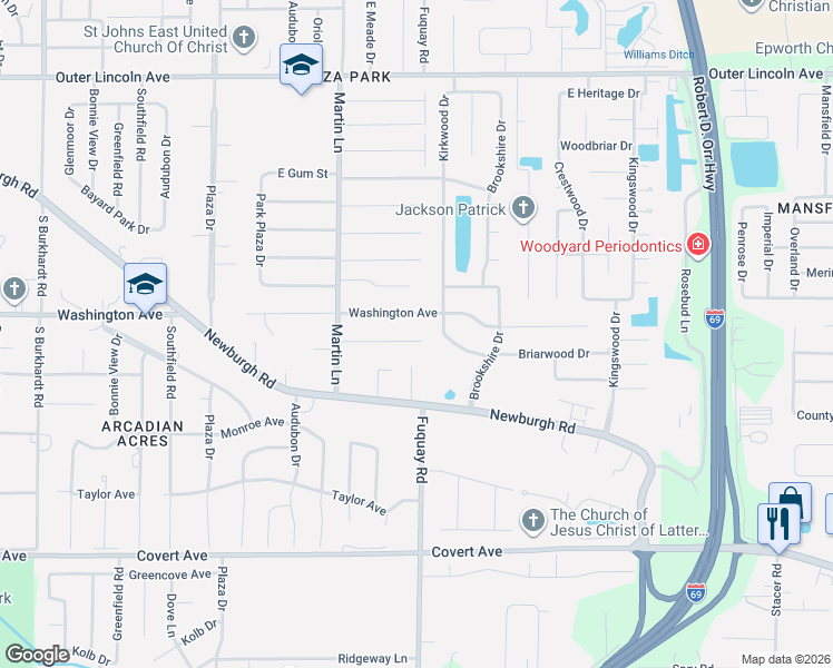 map of restaurants, bars, coffee shops, grocery stores, and more near 7601 Washington Avenue in Evansville