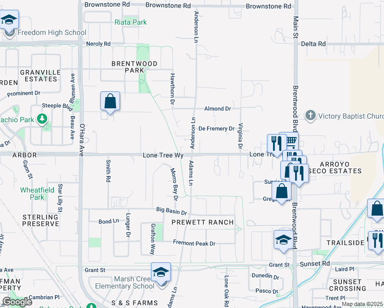 map of restaurants, bars, coffee shops, grocery stores, and more near Lone Tree Way & Anderson Lane in Contra Costa County