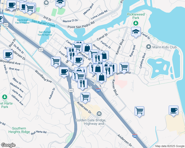 map of restaurants, bars, coffee shops, grocery stores, and more near 109 Verdi Street in San Rafael