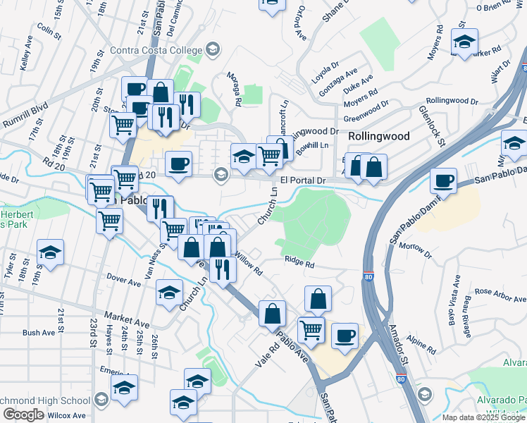 map of restaurants, bars, coffee shops, grocery stores, and more near 2555 Church Lane in San Pablo