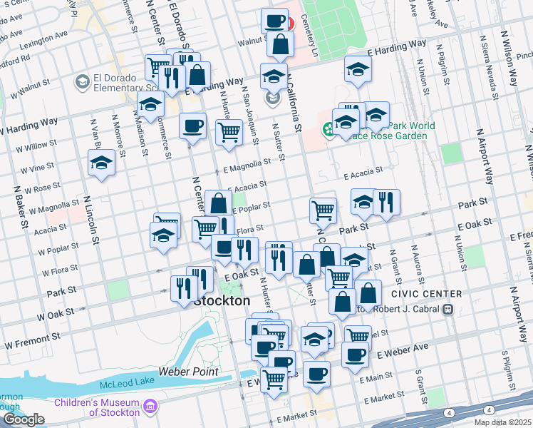 map of restaurants, bars, coffee shops, grocery stores, and more near 2 North San Joaquin Street in Stockton