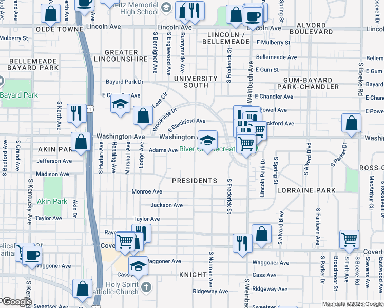 map of restaurants, bars, coffee shops, grocery stores, and more near 1000-1098 South Rotherwood Avenue in Evansville
