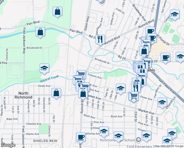 map of restaurants, bars, coffee shops, grocery stores, and more near 1401 Folsom Avenue in San Pablo