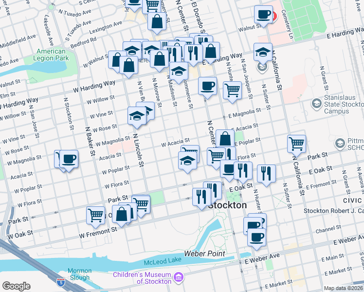 map of restaurants, bars, coffee shops, grocery stores, and more near 129 Acacia Street in Stockton