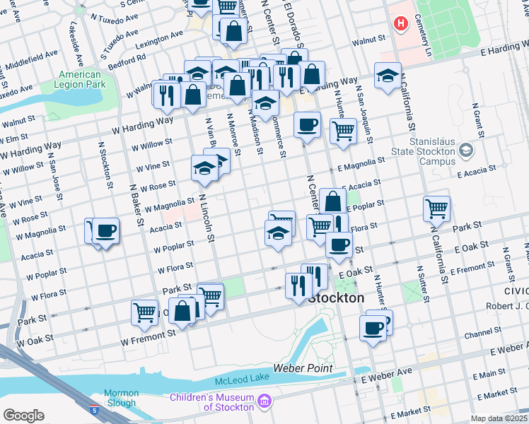map of restaurants, bars, coffee shops, grocery stores, and more near 245 Acacia Street in Stockton