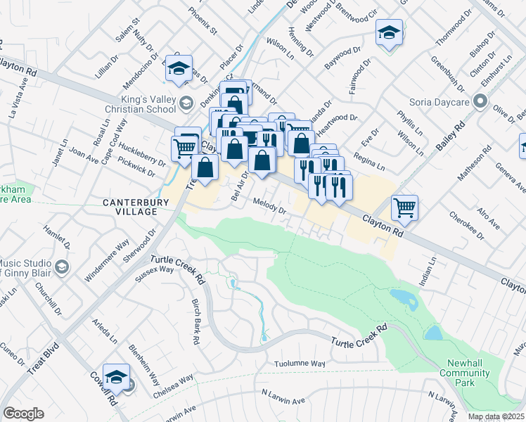 map of restaurants, bars, coffee shops, grocery stores, and more near 1463 Marclair Drive in Concord