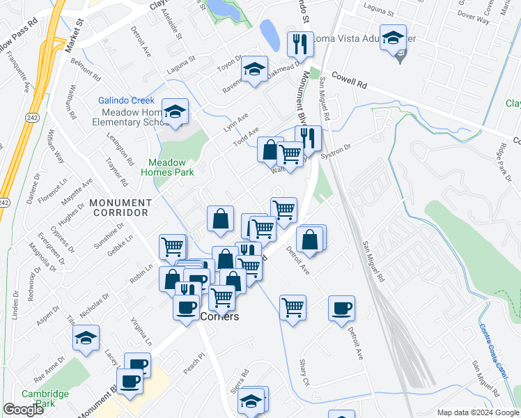 map of restaurants, bars, coffee shops, grocery stores, and more near 1181 Detroit Avenue in Concord
