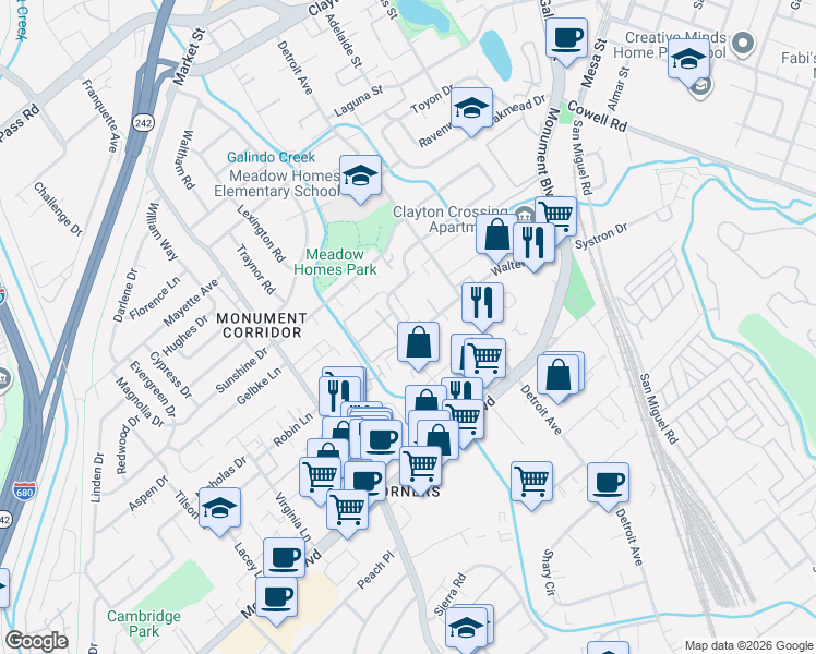 map of restaurants, bars, coffee shops, grocery stores, and more near 1243 Pine Creek Way in Concord