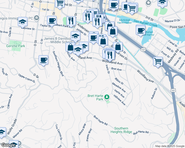 map of restaurants, bars, coffee shops, grocery stores, and more near 25 La Loma Court in San Rafael