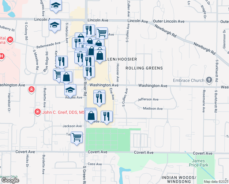map of restaurants, bars, coffee shops, grocery stores, and more near 5115 Washington Avenue in Evansville