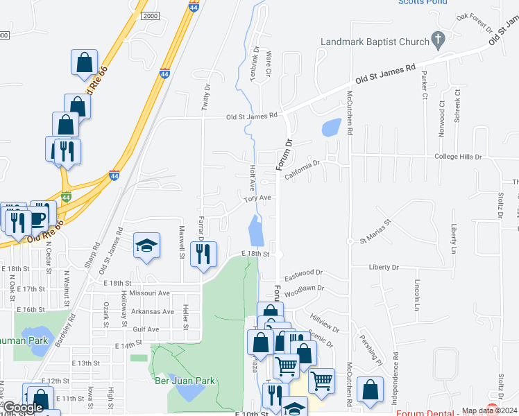 map of restaurants, bars, coffee shops, grocery stores, and more near 1200 Lajolla Court in Rolla