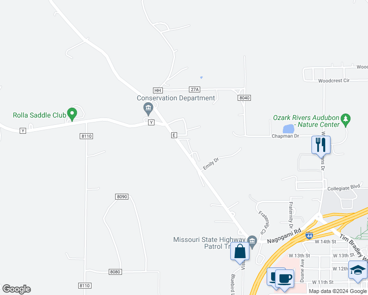 map of restaurants, bars, coffee shops, grocery stores, and more near 2000 Lizzy Lane in Rolla