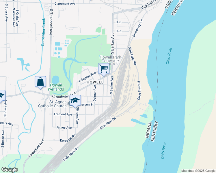 map of restaurants, bars, coffee shops, grocery stores, and more near 2910 Cambridge Street in Evansville