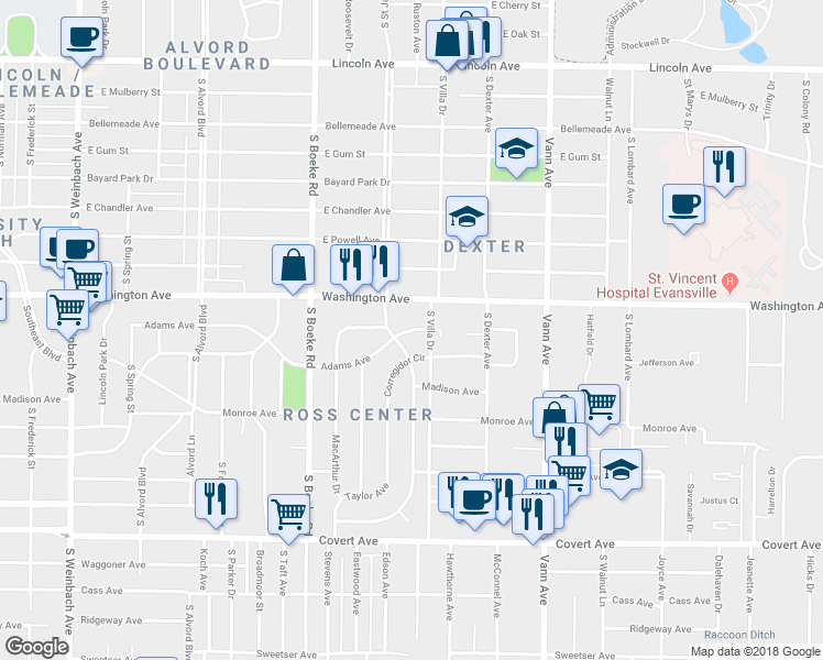 map of restaurants, bars, coffee shops, grocery stores, and more near 2700 Adams Avenue in Evansville