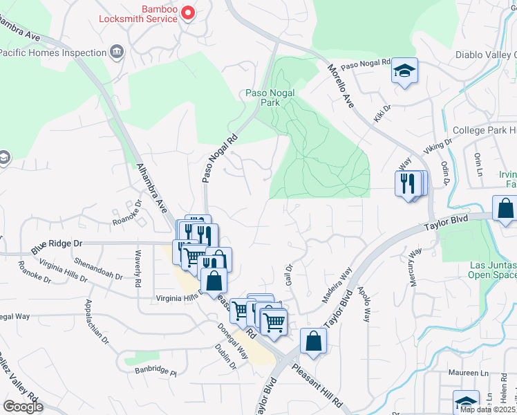 map of restaurants, bars, coffee shops, grocery stores, and more near 25 Pillon Real in Pleasant Hill