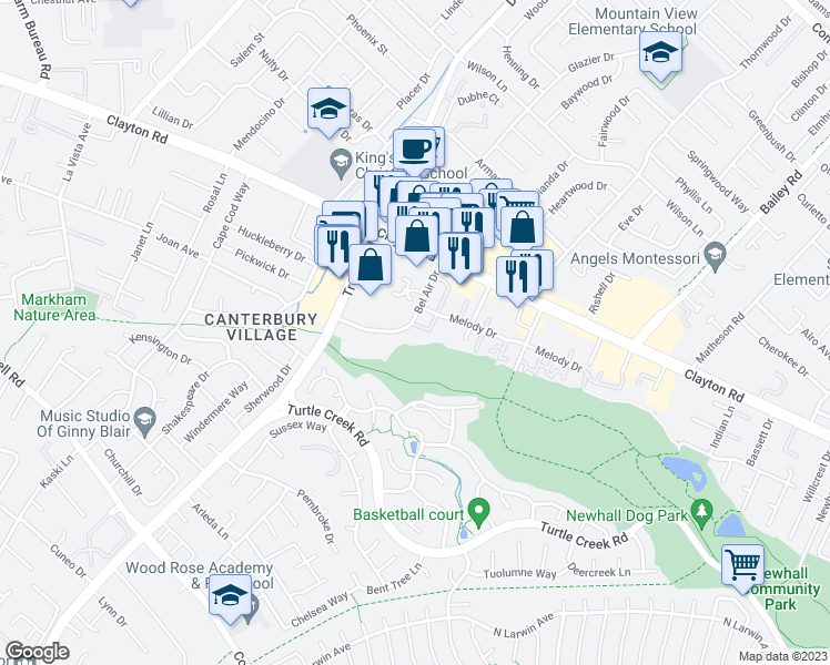 map of restaurants, bars, coffee shops, grocery stores, and more near 1454 Bel Air Drive in Concord