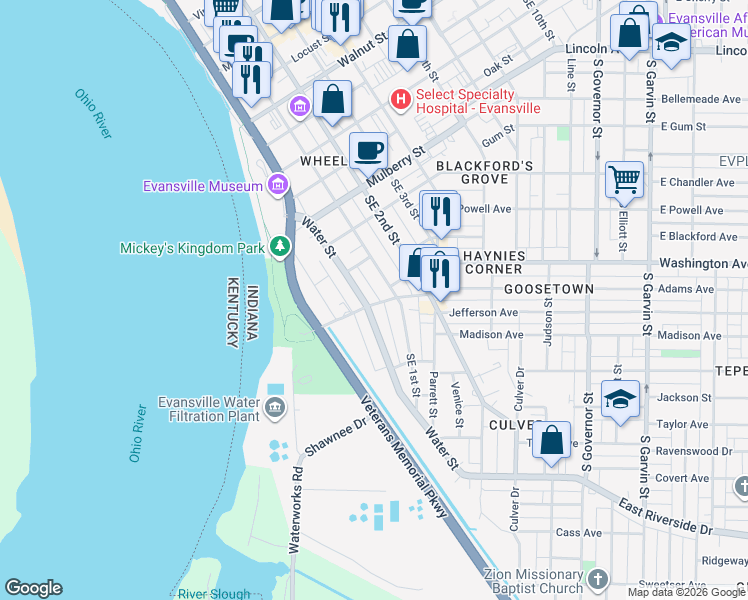 map of restaurants, bars, coffee shops, grocery stores, and more near 832 Southeast Riverside Drive in Evansville