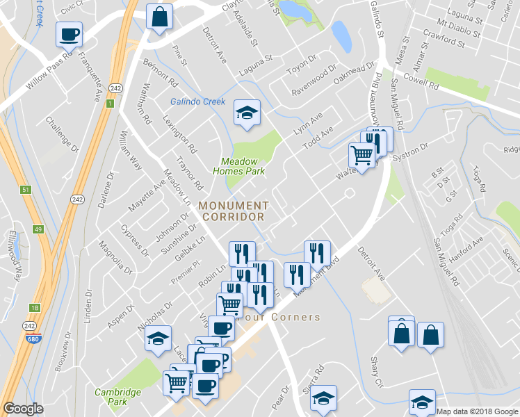 map of restaurants, bars, coffee shops, grocery stores, and more near 1245 Pine Creek Way in Concord