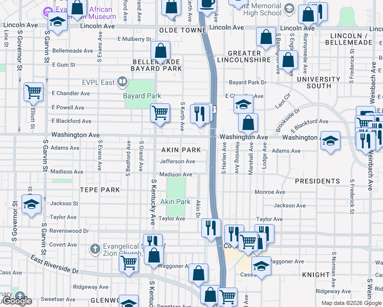 map of restaurants, bars, coffee shops, grocery stores, and more near 1122 Adams Avenue in Evansville