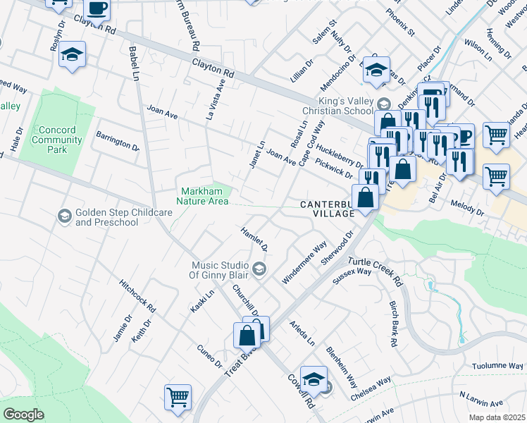 map of restaurants, bars, coffee shops, grocery stores, and more near 1357 Rosal Lane in Concord