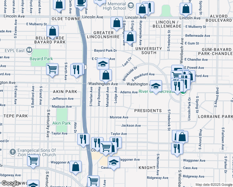 map of restaurants, bars, coffee shops, grocery stores, and more near 1401 Adams Avenue in Evansville