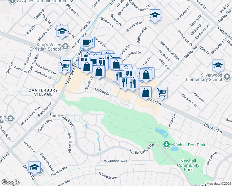 map of restaurants, bars, coffee shops, grocery stores, and more near 4579 Melody Drive in Concord
