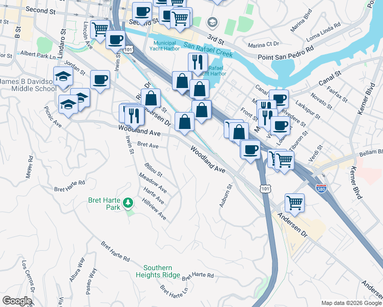 map of restaurants, bars, coffee shops, grocery stores, and more near 328 Culver Street in San Rafael