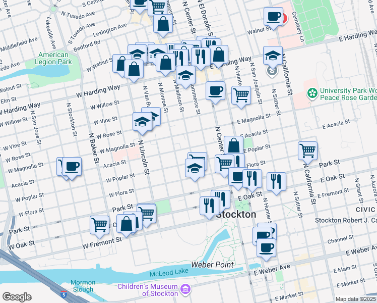 map of restaurants, bars, coffee shops, grocery stores, and more near 933 North Madison Street in Stockton