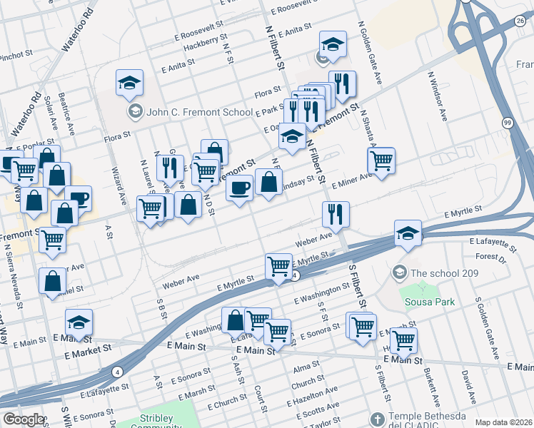 map of restaurants, bars, coffee shops, grocery stores, and more near 2333 East Miner Avenue in Stockton
