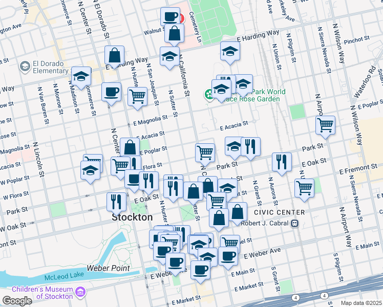 map of restaurants, bars, coffee shops, grocery stores, and more near 837 North California Street in Stockton
