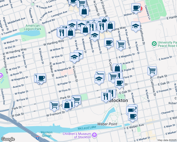 map of restaurants, bars, coffee shops, grocery stores, and more near 245 Acacia Street in Stockton