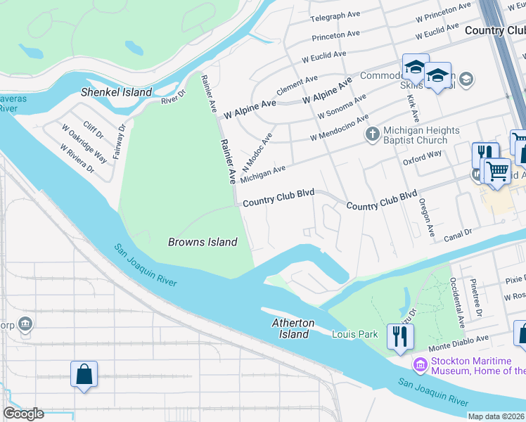map of restaurants, bars, coffee shops, grocery stores, and more near 3644 Country Club Boulevard in Stockton