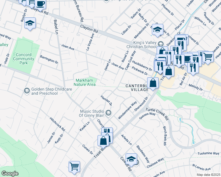 map of restaurants, bars, coffee shops, grocery stores, and more near 1357 Rosal Lane in Concord