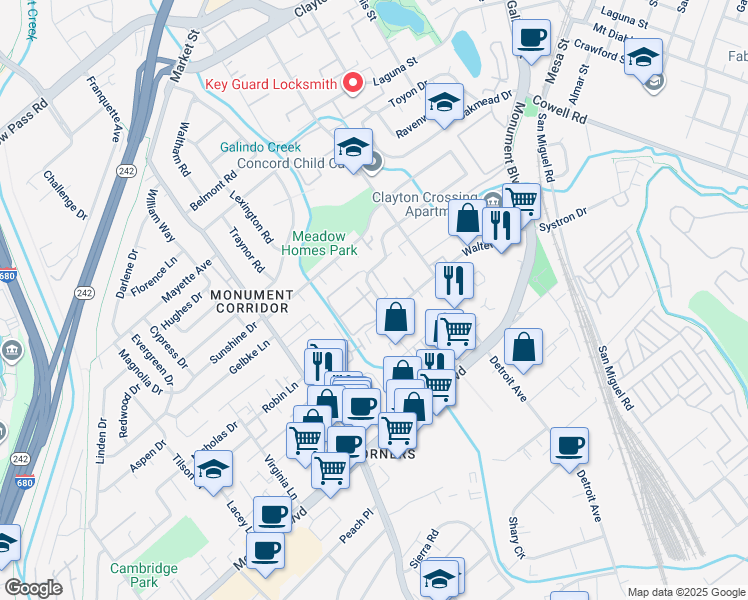 map of restaurants, bars, coffee shops, grocery stores, and more near 1243 Pine Creek Way in Concord