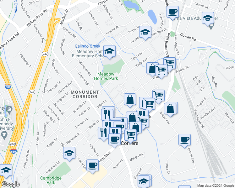 map of restaurants, bars, coffee shops, grocery stores, and more near 1243 Pine Creek Way in Concord
