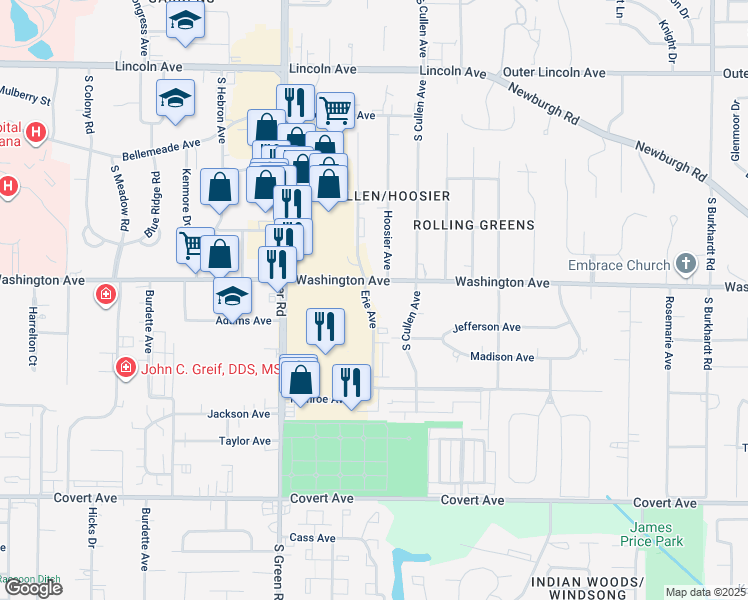 map of restaurants, bars, coffee shops, grocery stores, and more near 5115 Washington Avenue in Evansville