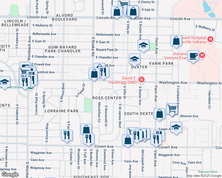 map of restaurants, bars, coffee shops, grocery stores, and more near 1010 South Saint James Boulevard in Evansville