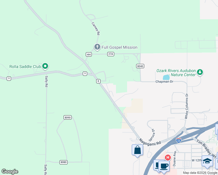 map of restaurants, bars, coffee shops, grocery stores, and more near 2000 Lizzy Lane in Rolla