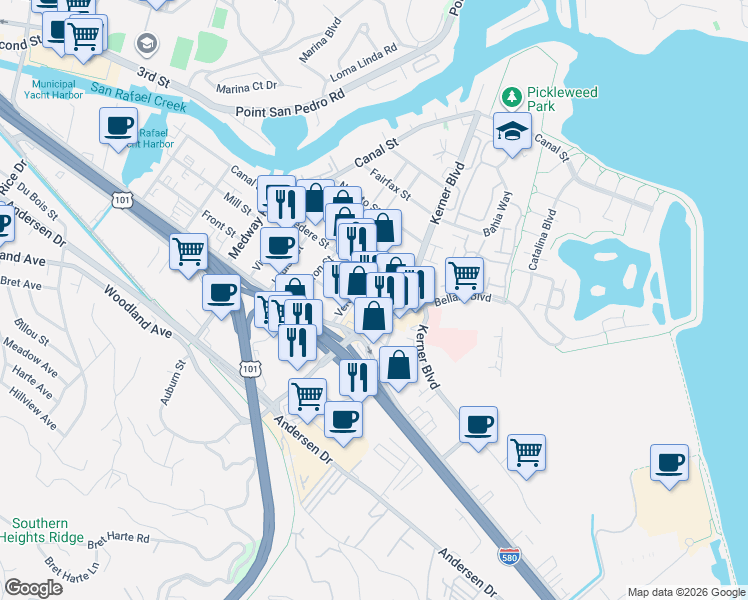 map of restaurants, bars, coffee shops, grocery stores, and more near 40 Lisbon Street in San Rafael