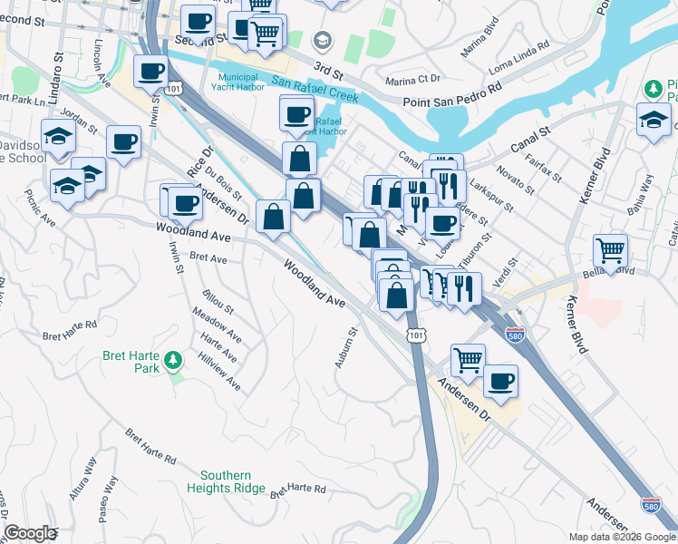 map of restaurants, bars, coffee shops, grocery stores, and more near 742 Francisco Boulevard West in San Rafael